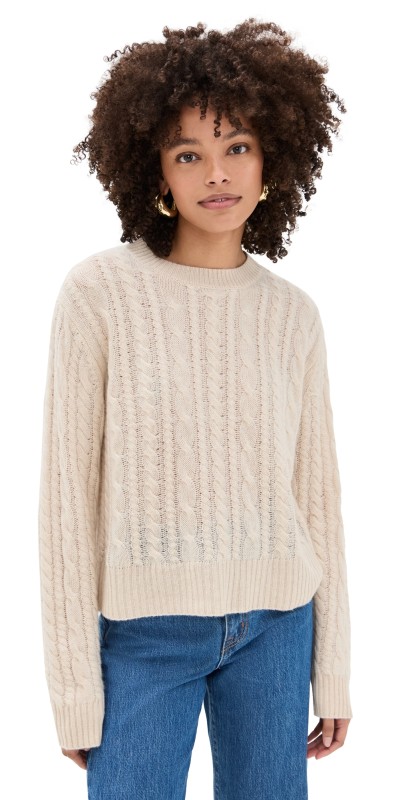 White + Warren Cashmere Cropped Cable Crew Sweater Natural Heather