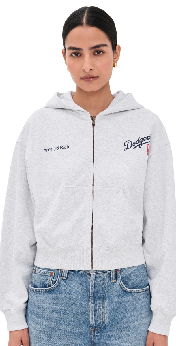 Sporty & Rich LA Dodgers Serif Cropped Zip Hoodie Heather Grey