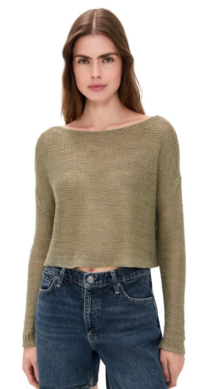 Enza Costa Linen Open Knit Bateau Sweater Sage