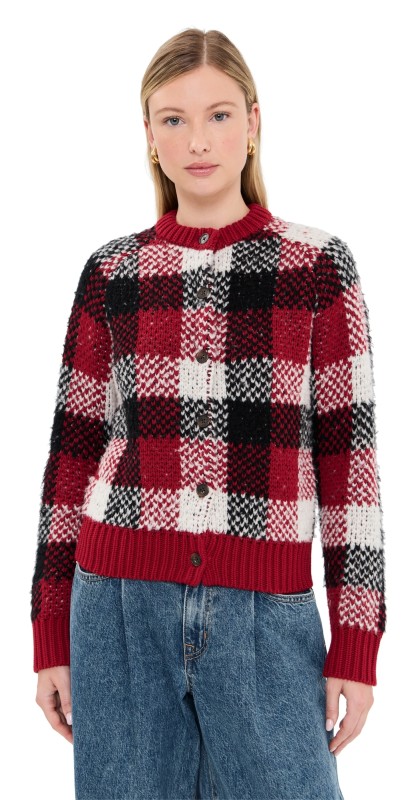 Guest in Residence Buffalo Plaid Cardigan Ruby Combo