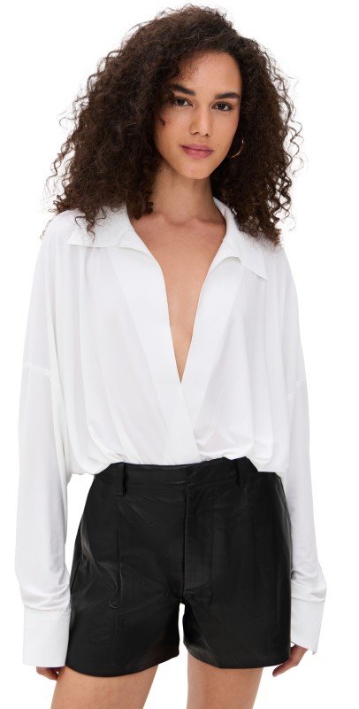 Norma Kamali Super Oversized Boyfriend Neck Shirt Bodysuit Snow White