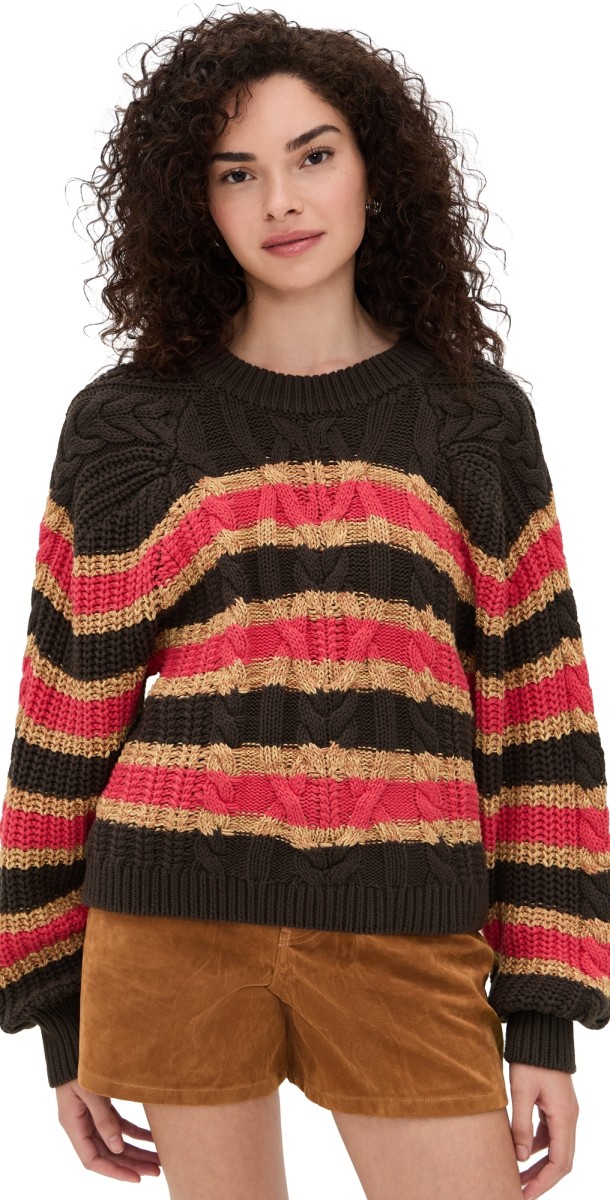 Free People Frankie Cable Striped Pullover Ivory Combo