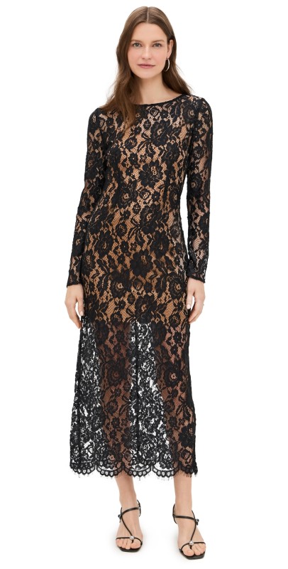 WAYF Long Sleeve Scallop Hem Dress Black Lace