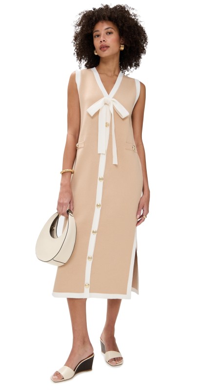 English Factory Knit Midi Dress With Ribbon Tie Beige/White