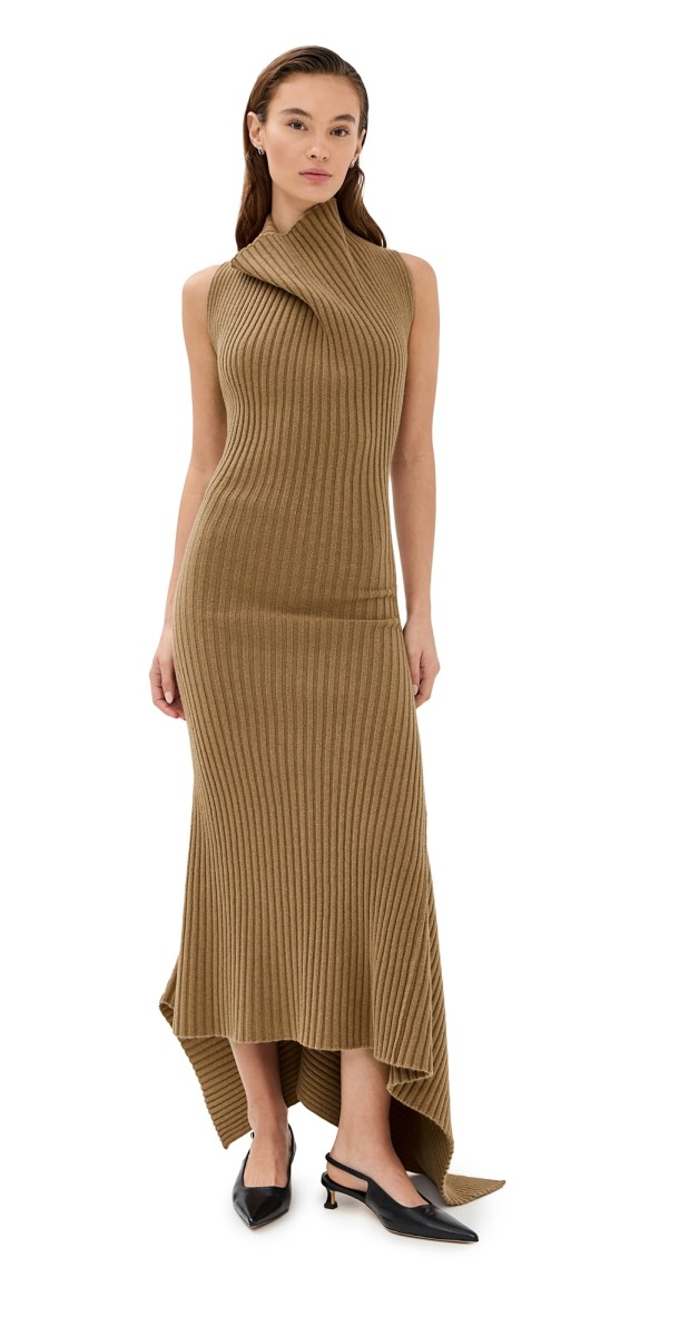 Victoria Beckham Draped Sleeveless Rib Dress Dark Caramel