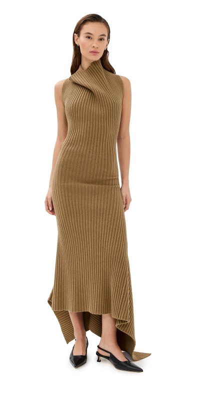 Victoria Beckham Draped Sleeveless Rib Dress Dark Caramel