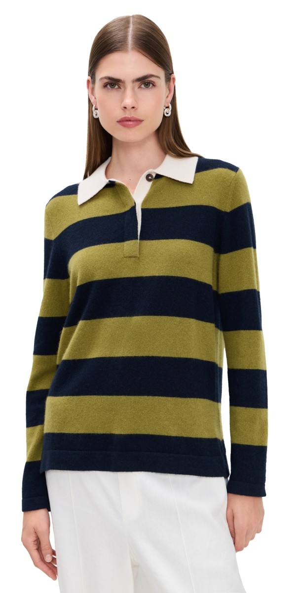 White + Warren Cashmere Rugby Stripe Polo Deep Navy/Bright Olive