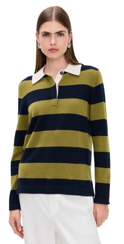 White + Warren Cashmere Rugby Stripe Polo Deep Navy/Bright Olive