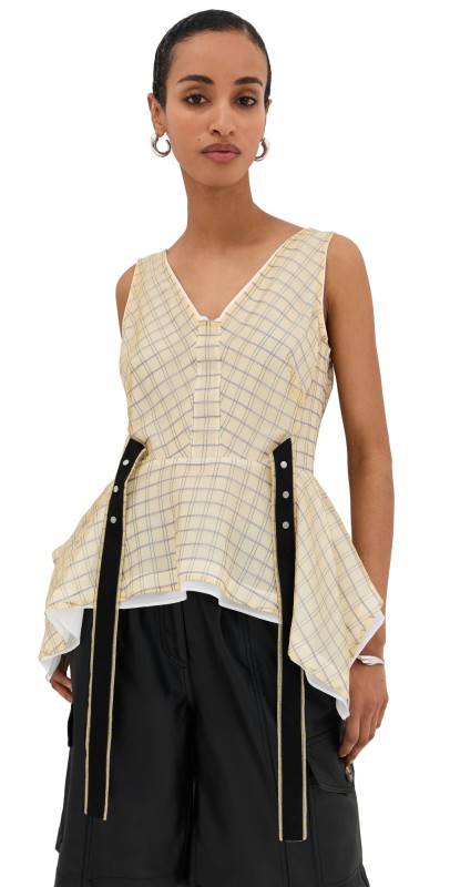 3.1 Phillip Lim Plaid Organza V Neck Flounce Top Hay Multi