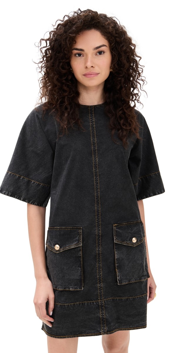 GANNI Washed Stretch Cotton Boxy Kimono Mini Dress Black