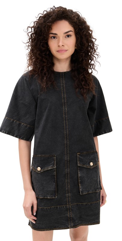 GANNI Washed Stretch Cotton Boxy Kimono Mini Dress Black