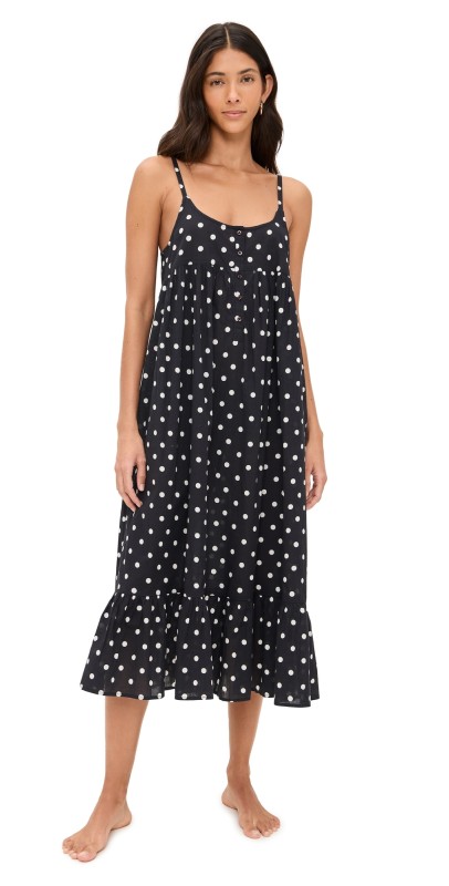 THE GREAT. The Ruffle Tank Night Dress Black Polka Dot