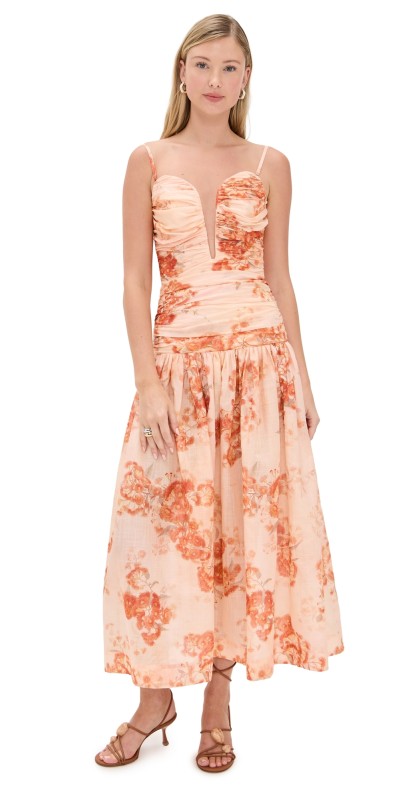 Zimmermann Cascadian Strapless Midi Dress Red Botanical Floral