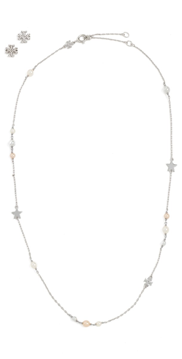 Tory Burch Kira Necklace and Stud Earrings Gift Set Tory Silver/Pearl/Crystal