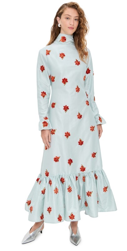 House of Aama Orange Flowers Silk Dress Light Blue