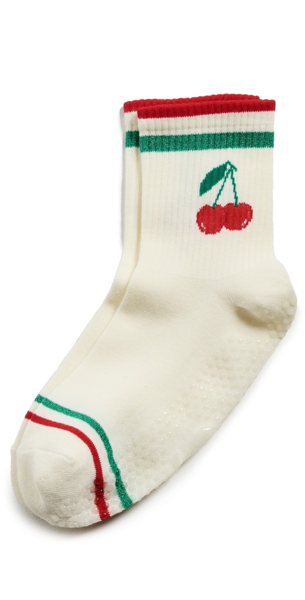 Stems Cherry Grip Striped Crew Socks Ivory