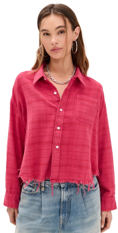 R13 Drop Neck Cropped Shirt Overdyed Fuchsia Plaid