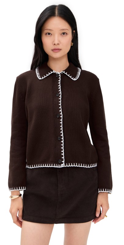 RAILS Rayleen Cardigan Brown Ivory Blanket Stitch