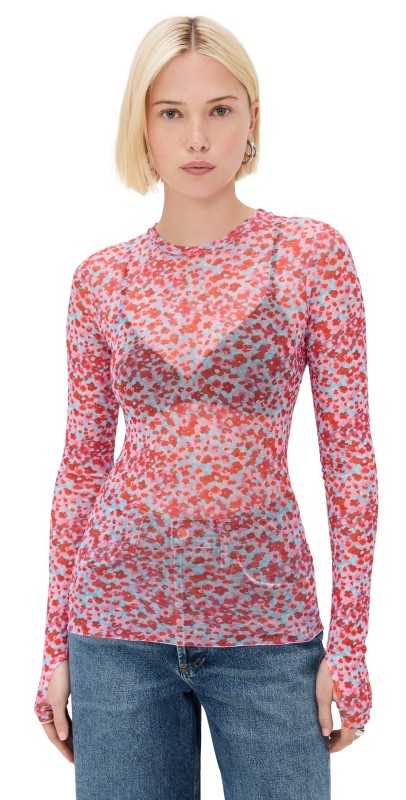 AFRM Kaylee Mesh Crewneck Top Red Ditsy
