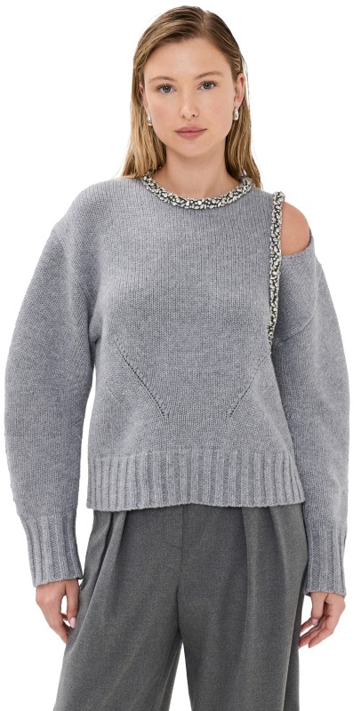 SIMKHAI Monroe Pullover Sweater with Embellishments Grey Melange
