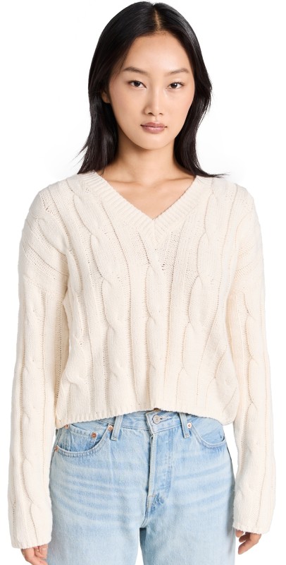 Madewell Cable-Knit V-Neck Crop Sweater Antique Cream