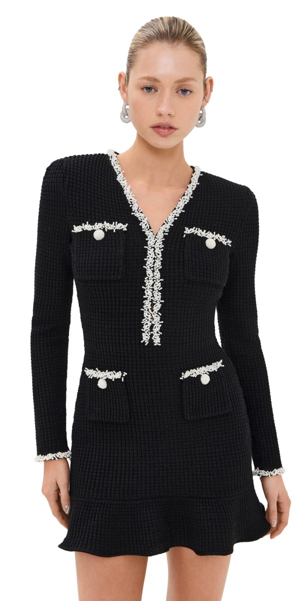 Self Portrait Black Pearl Trim Knit Mini Dress Black