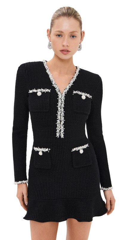 Self Portrait Black Pearl Trim Knit Mini Dress Black