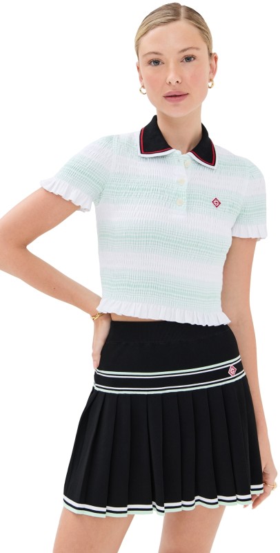 Casablanca Stripe Shirred Polo Top Mint/White