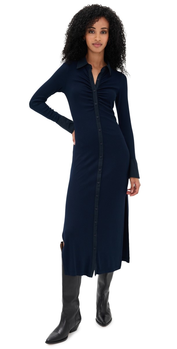 Stateside Fine Rib Ruched Buttoned Dress New Navy