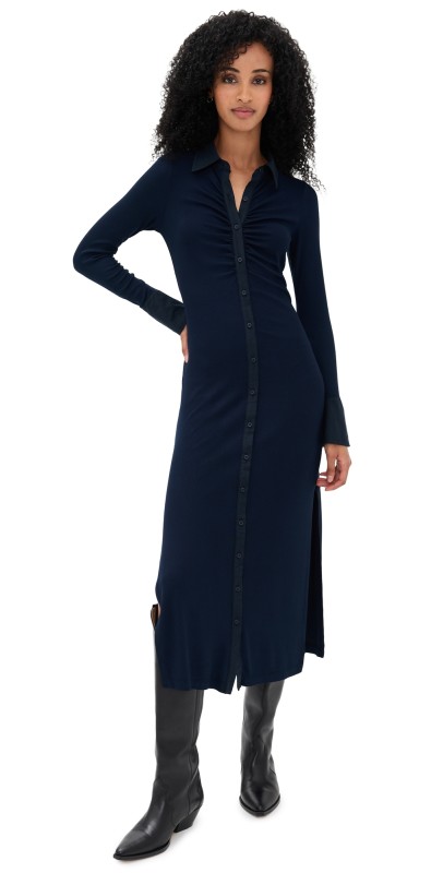 Stateside Fine Rib Ruched Buttoned Dress New Navy
