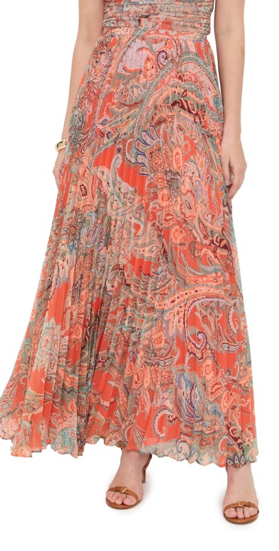 L'AGENCE Torin Pleated Maxi Skirt Orange/Light Blue Paisley