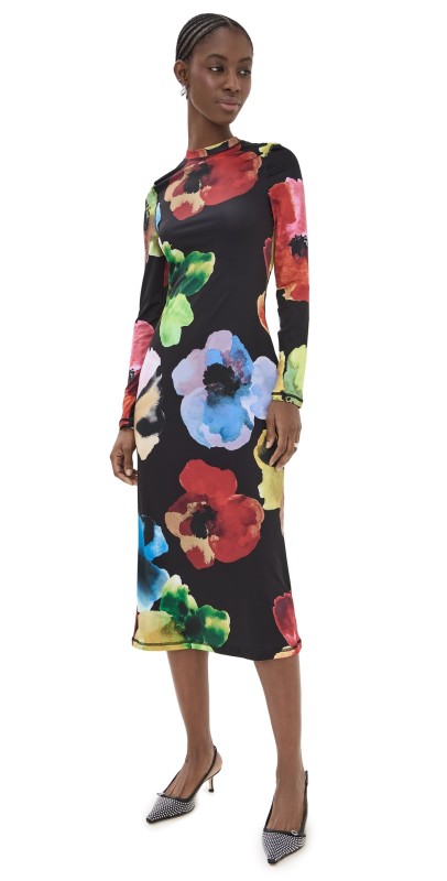 Stine Goya Pullover Long Sleeve Midi Dress Watercolor Bloom Maxi