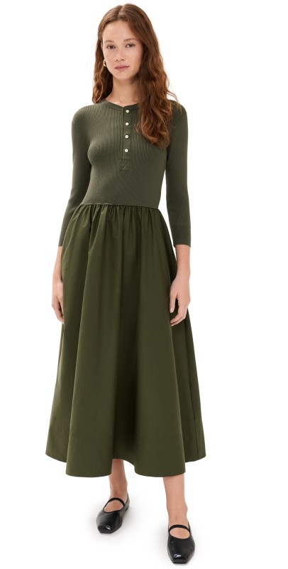 Polo Ralph Lauren Henley Mixed Media Dress Canopy Olive