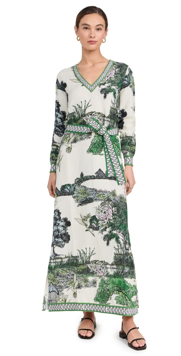 Las Sureñas V Neck Long Dress Thailand White & Green/Blue