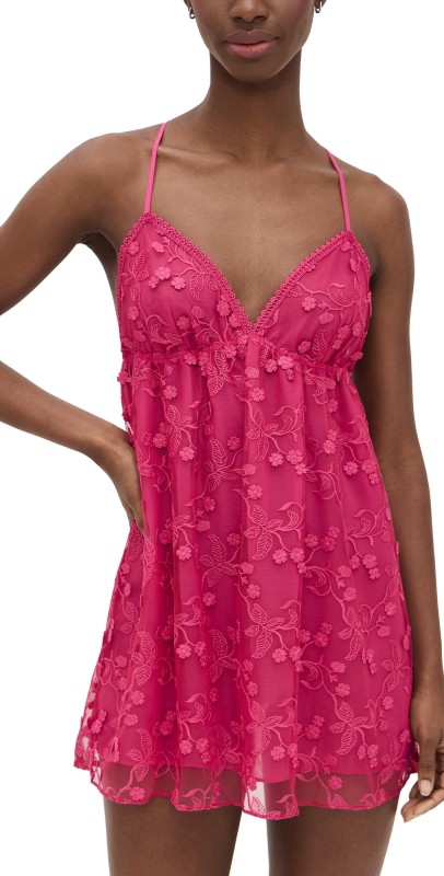 Flora Nikrooz Solid 3D Embroidered Chemise Magenta