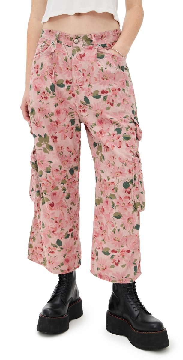 R13 Cropped Multi Pocket Cargo Pants Pink Layered Floral