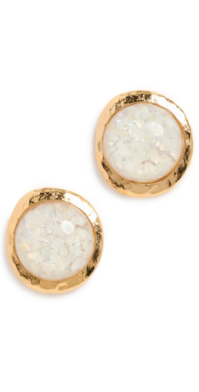 Kenneth Jay Lane Gold Button Pierced Earrings White Opal