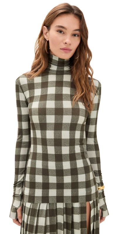 Norma Kamali Slim Fit Long Sleeve Turtle Top BARK BOX PLAID