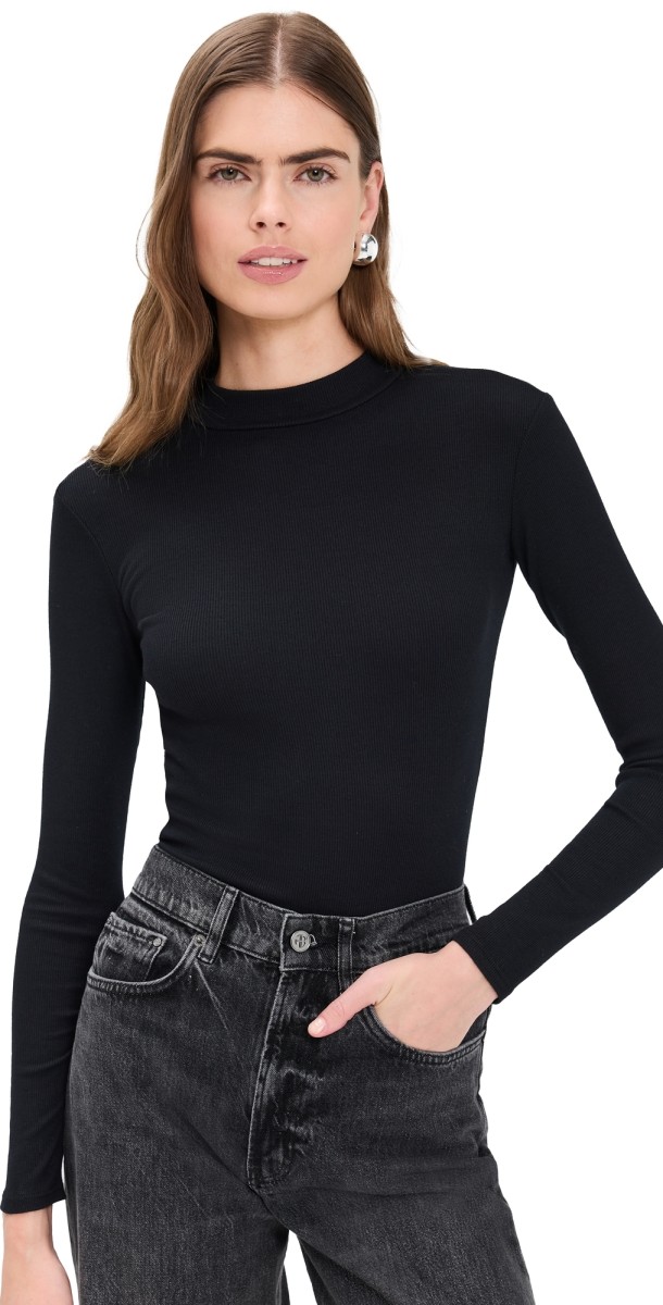 perfectwhitetee Lauryn Mock Neck Rib Long Sleeve Tee True Black