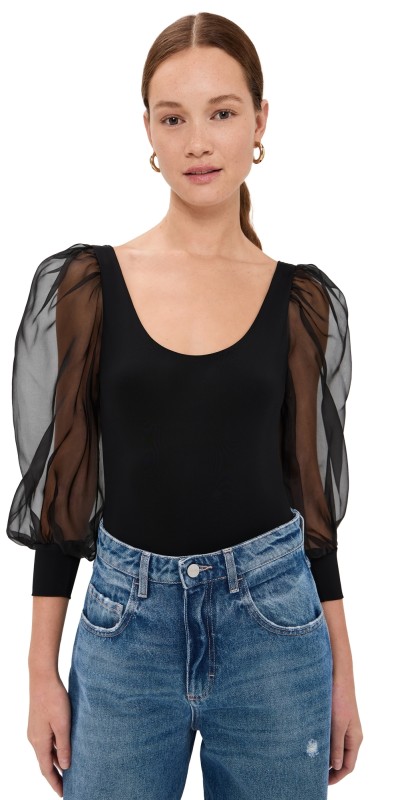 alice + olivia Jillianne Scoop Neck Puff Sleeve Thong Bodysuit Black
