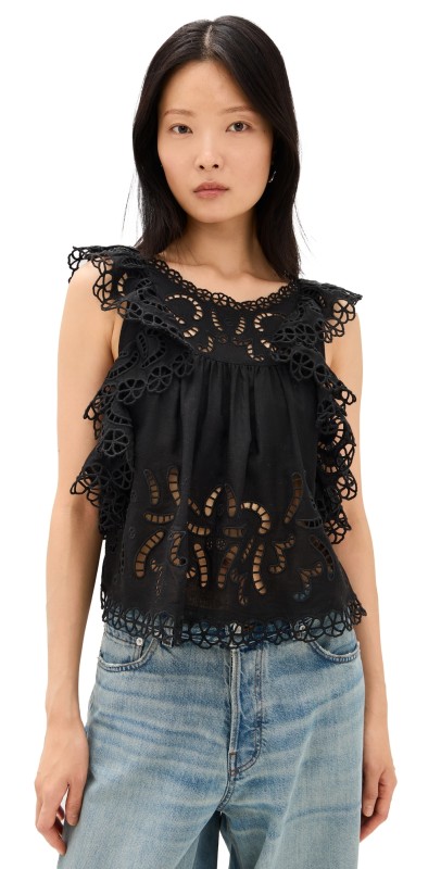 Sea Marja Embroidery Flutter Tank Black