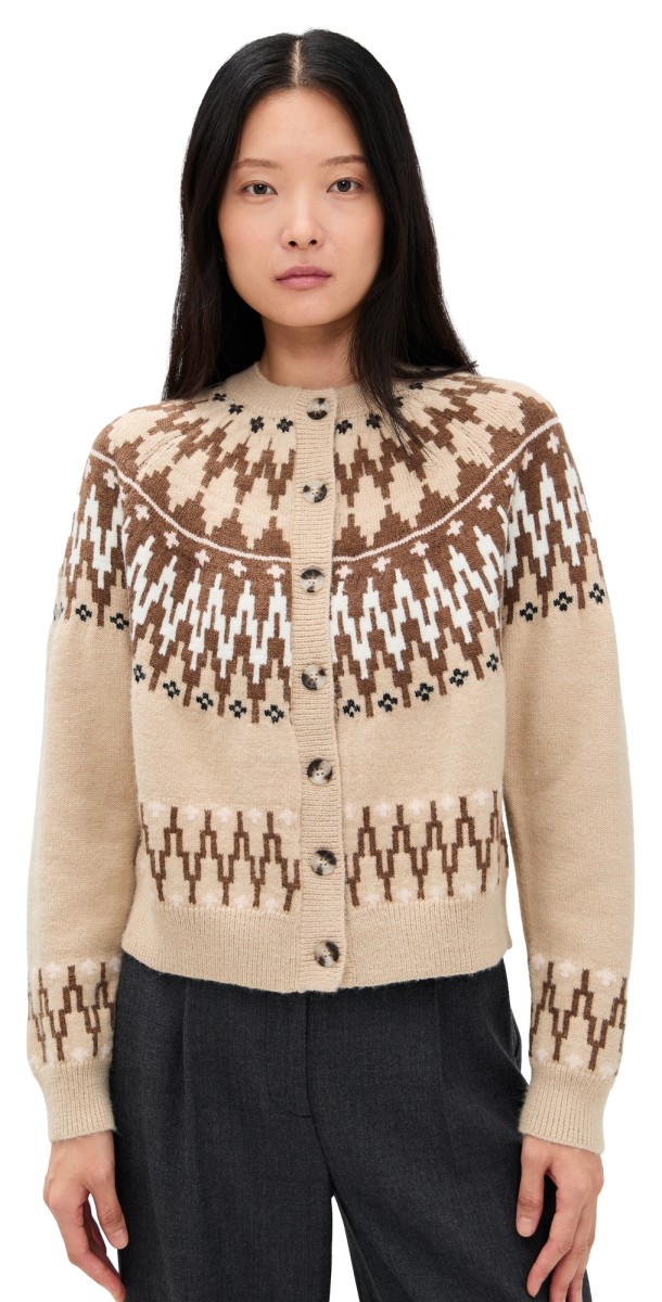 Moon River Isle Hairy Button Up Cardigan Sweater Tan Multi
