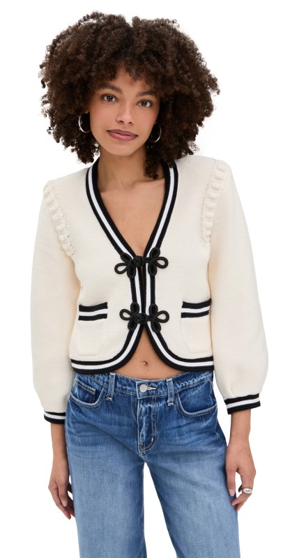 L'AGENCE Kaito Contrast Trim Crop Cardigan Ivory/Black