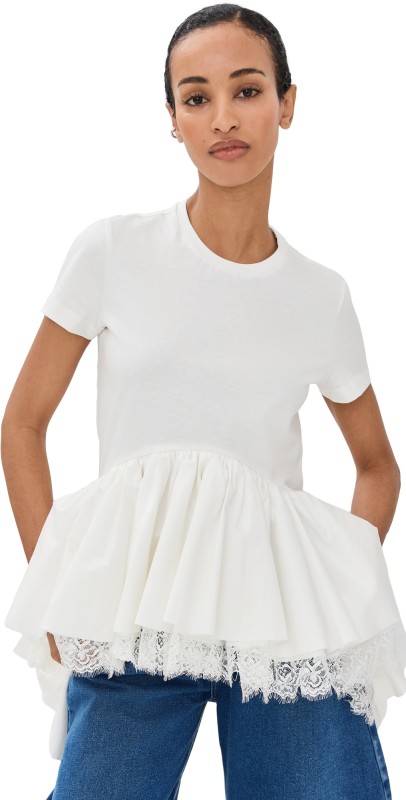 Marques'Almeida Cap Sleeve T-Shirt with Frill and Lace Hem White