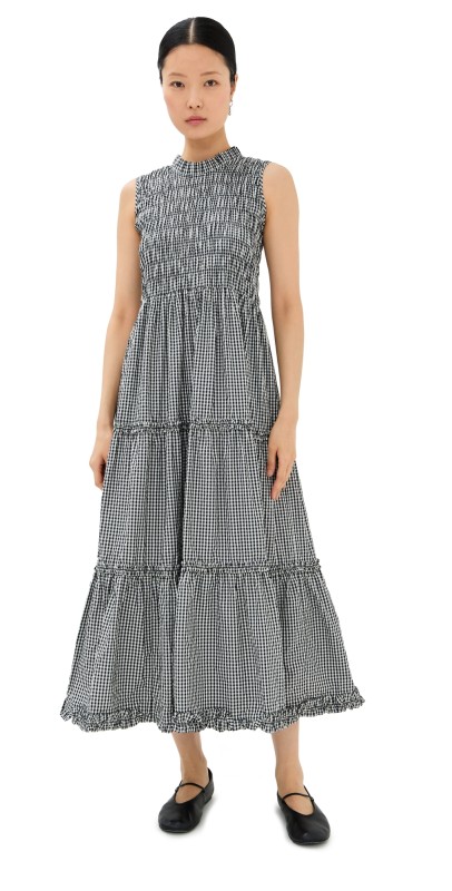 Tanner Fletcher Scout Smocked Sleeveless Midi Dress Black Gingham