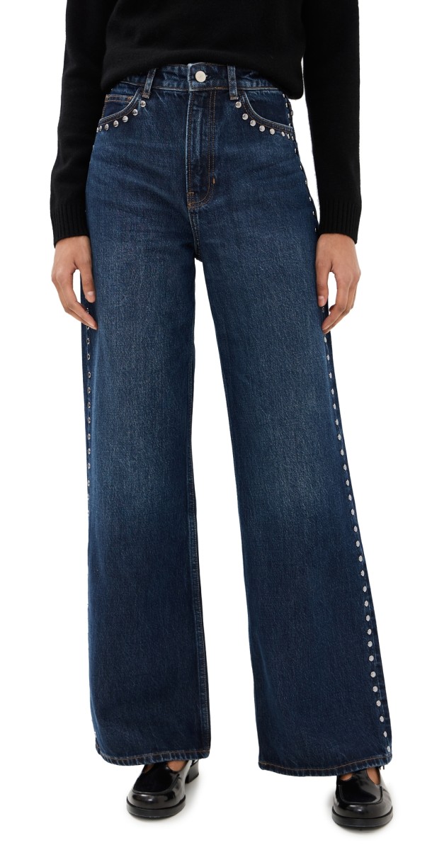 Reformation Cary High Rise Slouchy Wide Leg Jeans Mille Studded
