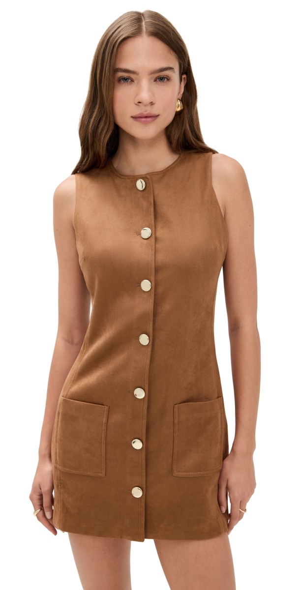 endless rose Faux Suede Round Neck Buttoned Mini Dress Camel