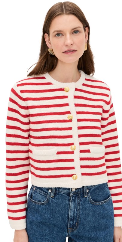 English Factory Knit Striped Sweater Cardigan Red/Cream