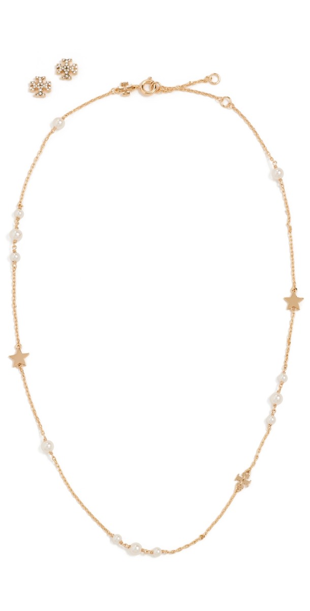Tory Burch Kira Necklace and Stud Earrings Gift Set Tory Gold/Pearl/Crystal