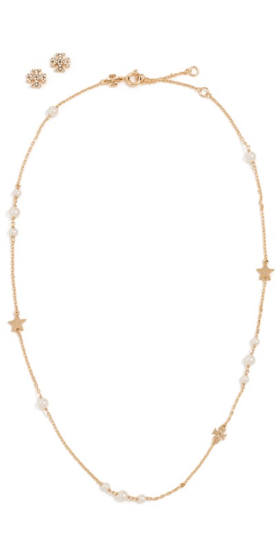 Tory Burch Kira Necklace and Stud Earrings Gift Set Tory Gold/Pearl/Crystal